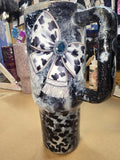 40oz silver and black with black and white bow tumbler