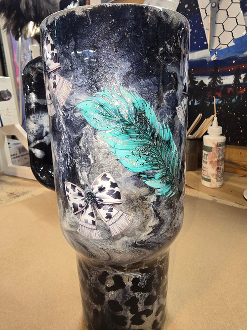 40oz silver and black with black and white bow tumbler